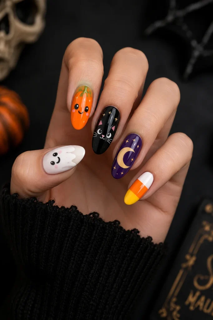 Mismatched spooky halloween nails each finger different cute design