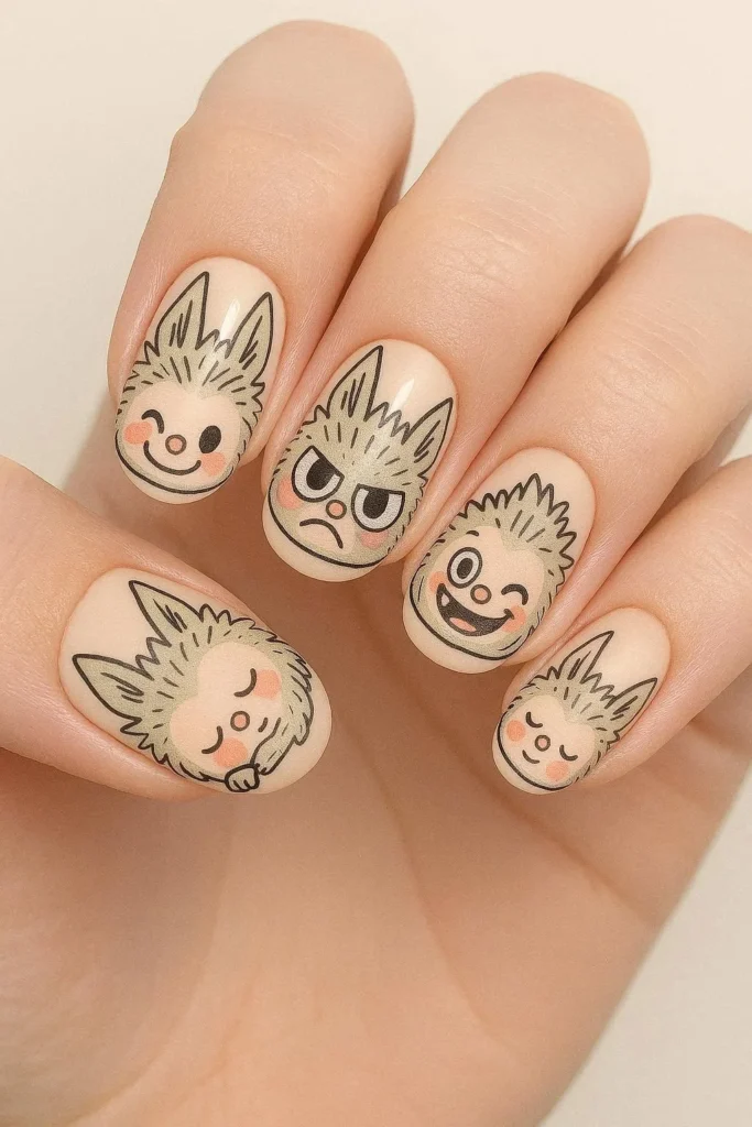 Mixed character Labubu nails with different poses each finger