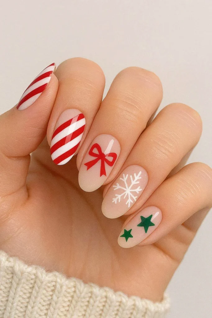 Mixed Christmas nail art with candy canes bows and snowflakes