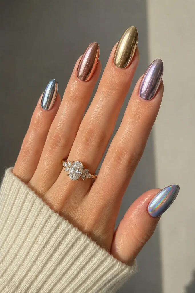 Mixed chrome almond nails different metallic shades statement manicure set