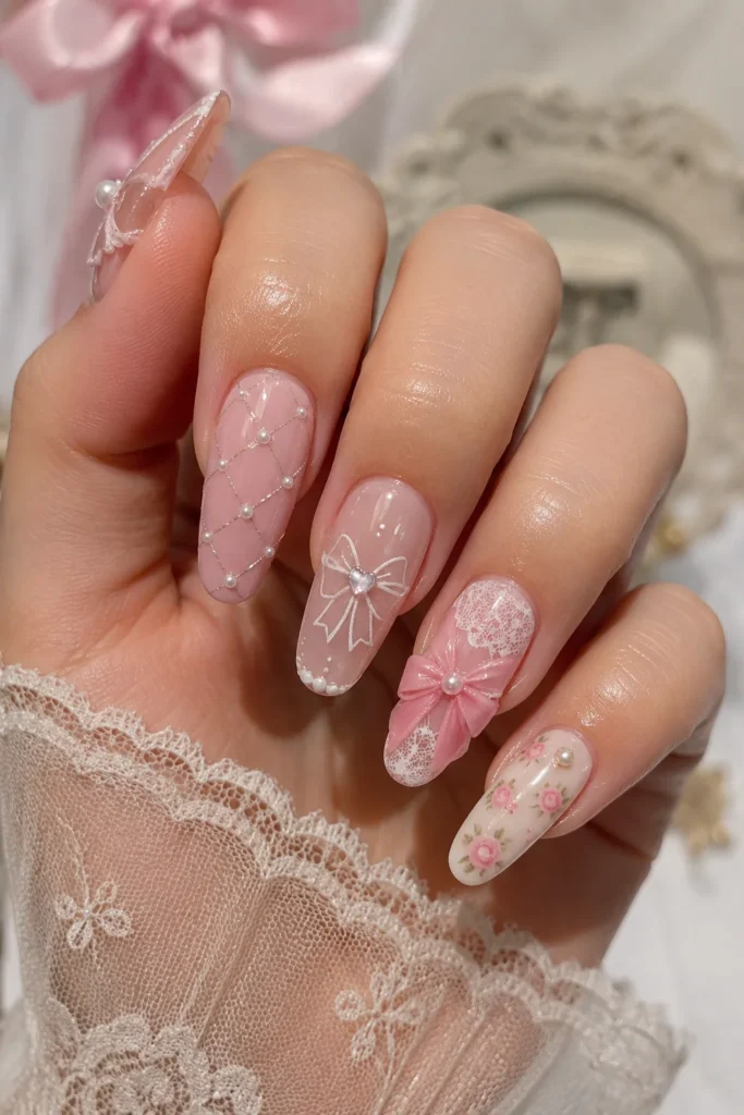 Mixed coquette bow pearl lace glossy feminine nail set