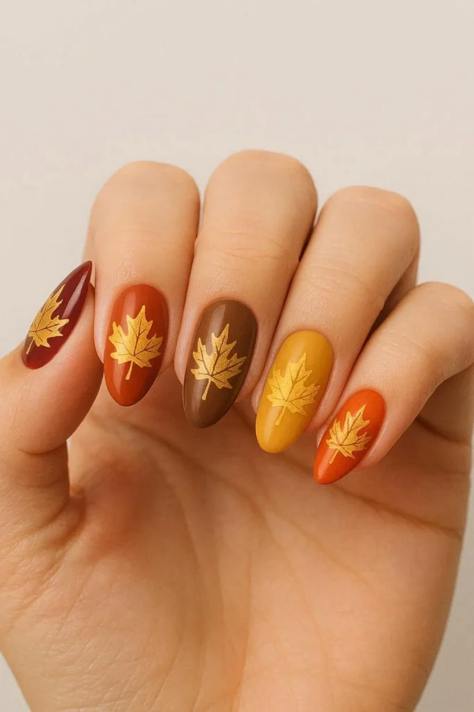 Mixed autumn color nails with maple leaf art every finger