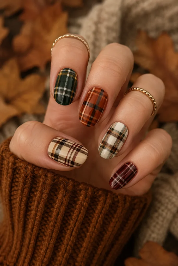 Mixed plaid variations across each nail for fall look
