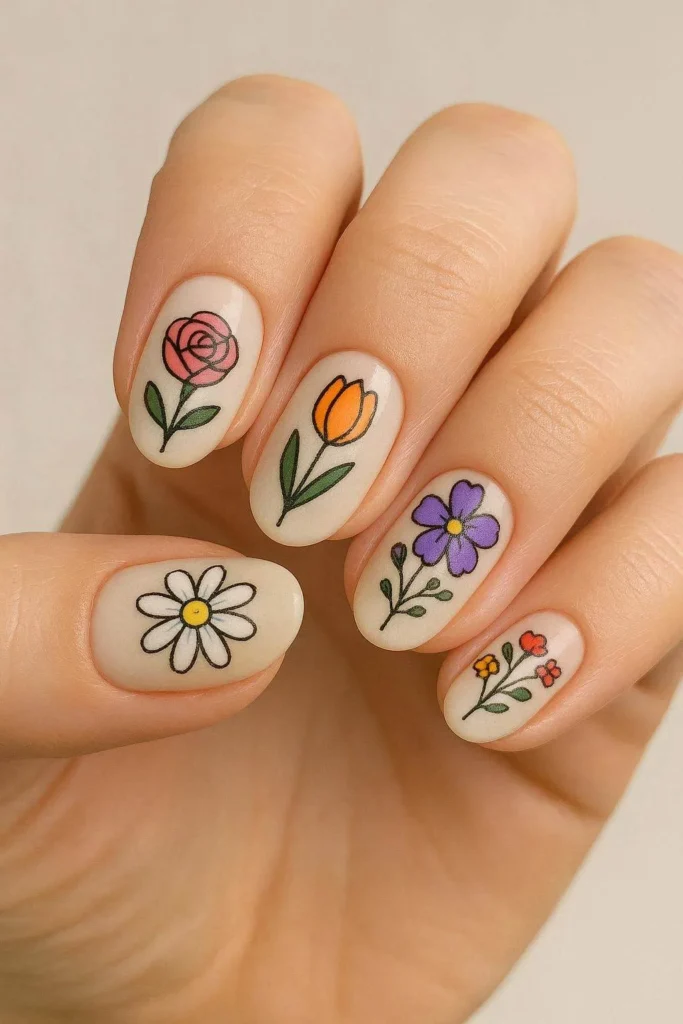 Mixed floral nail art with different flower designs on every nail 