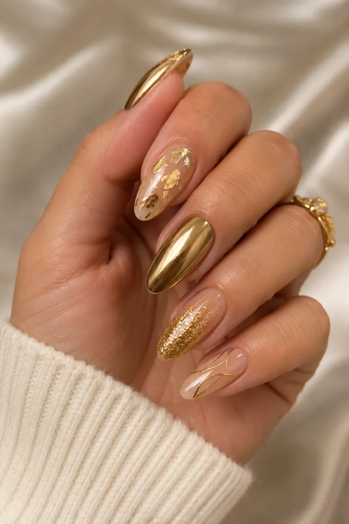 Mixed gold nail set featuring multiple luxurious gold designs