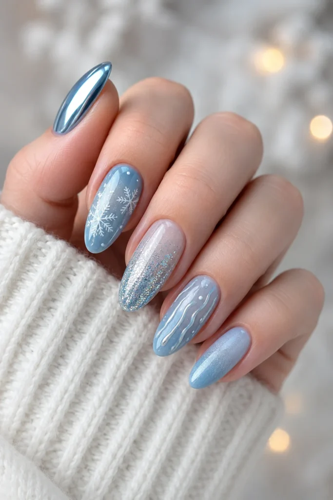 Mixed winter blue nail set combining chrome glitter snowflakes and ombre