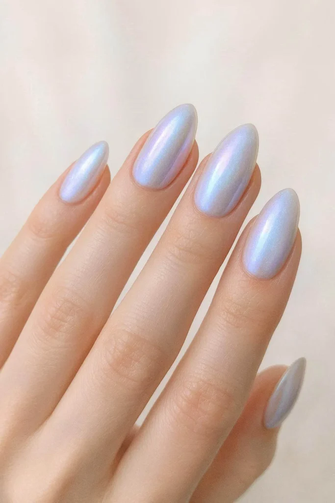 Moonlight chrome wedding nails soft iridescent winter bridal finish