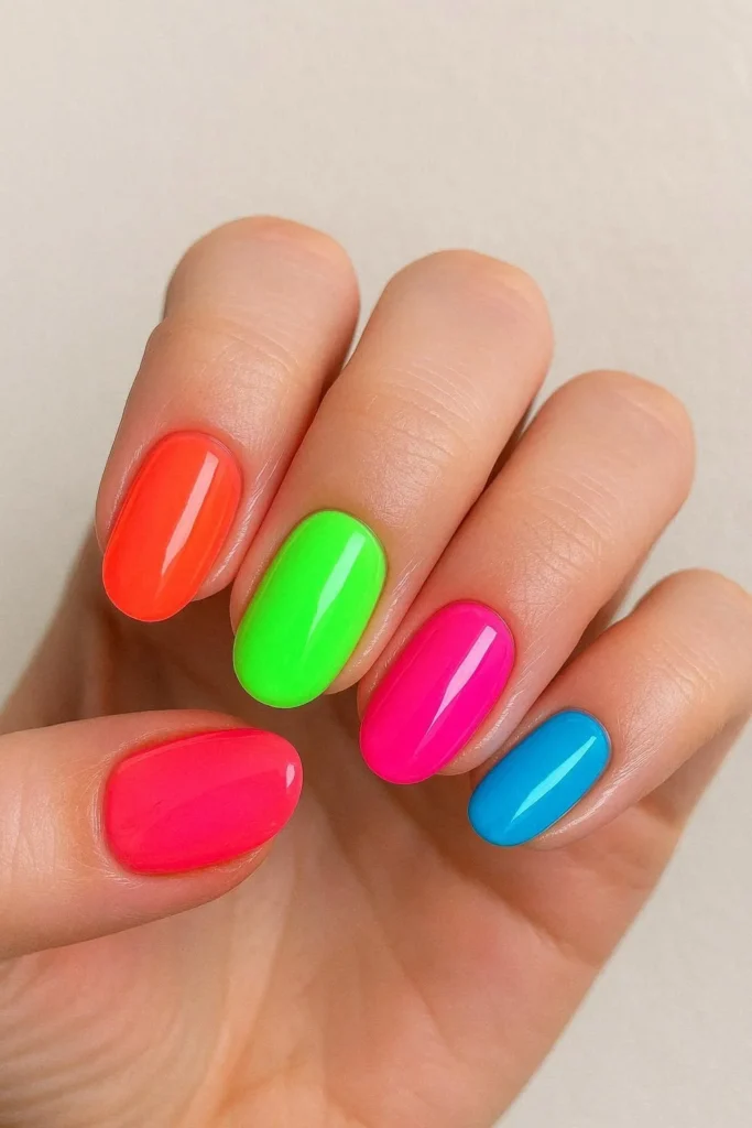 Bright neon party nails inspired by Bruno Mars stage lights