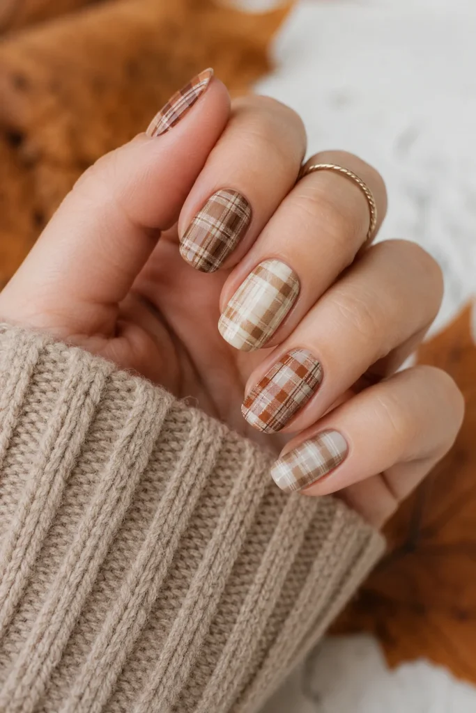 Neutral beige cream brown plaid nails for autumn season