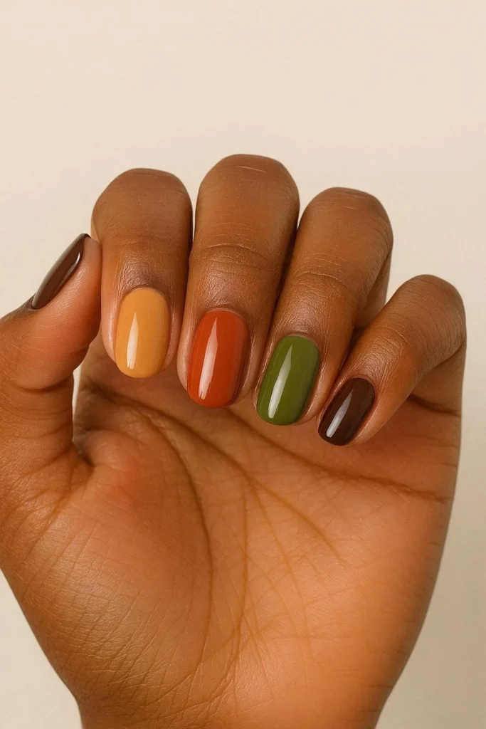 Neutral mixed tone fall nail ideas for Black women each finger different autumn shade 