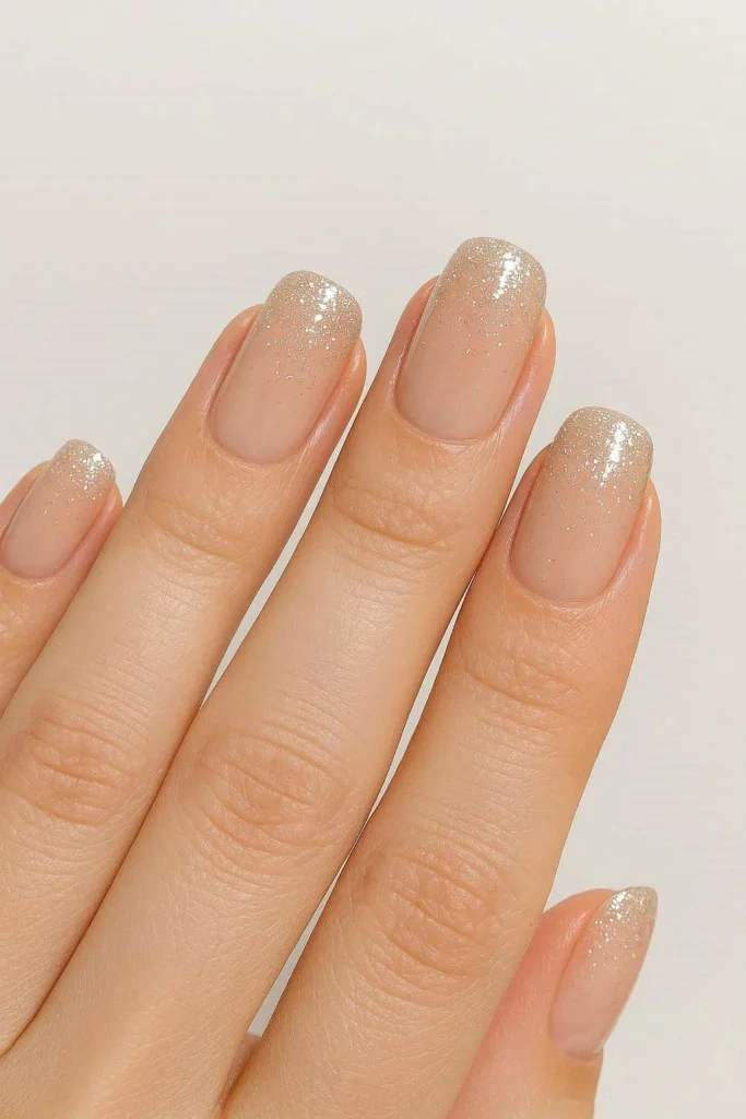 Nude and glitter ombre nails with subtle sparkle gradient