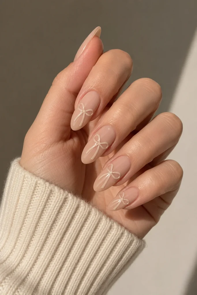 Neutral nude nails with elegant ribbon bow designs