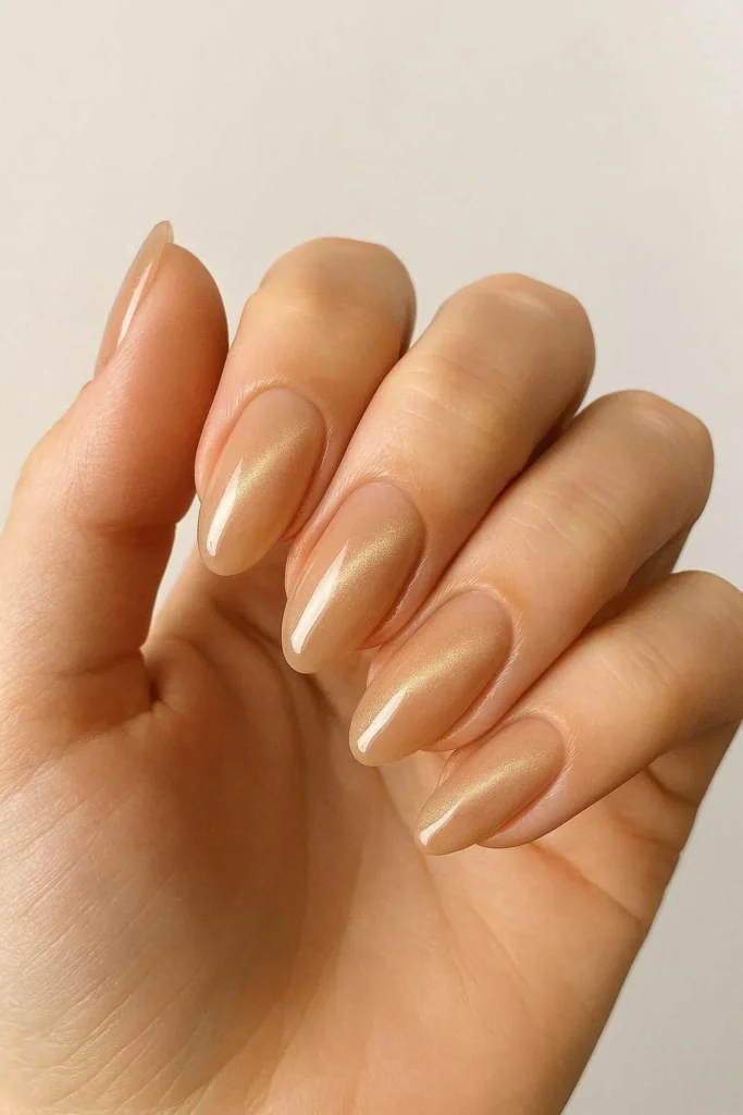  Nude gloss cat eye nails with champagne shimmer on almond shape