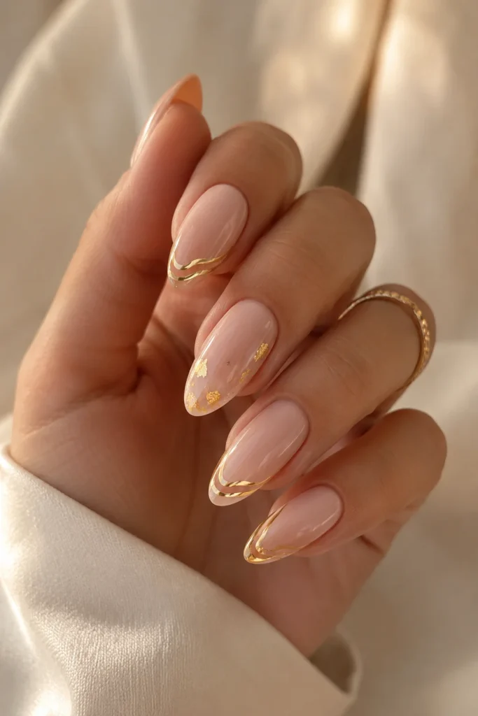 Soft nude nails with subtle metallic gold accent details
