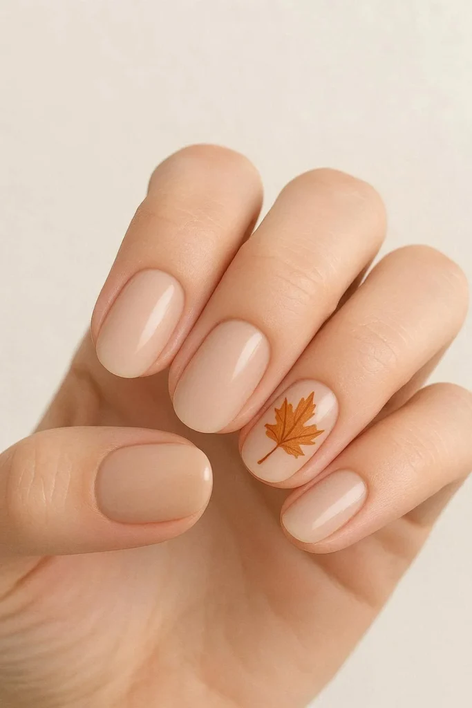 Minimal nude nails with maple leaf accent nail art
