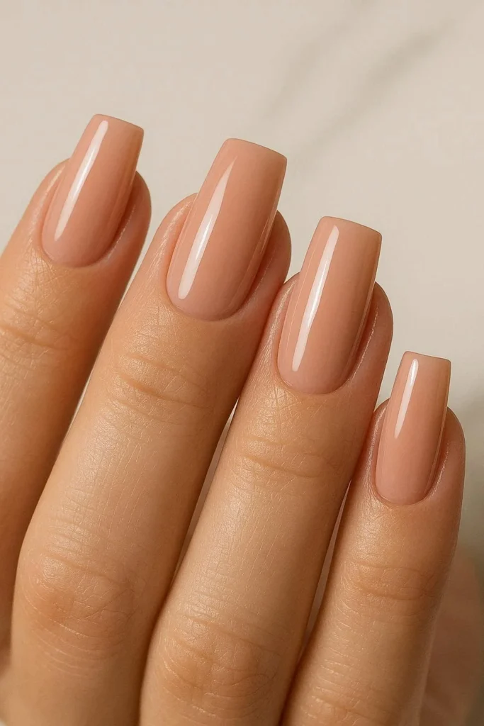 Nude pink square acrylic nails with clean glossy elegant finish