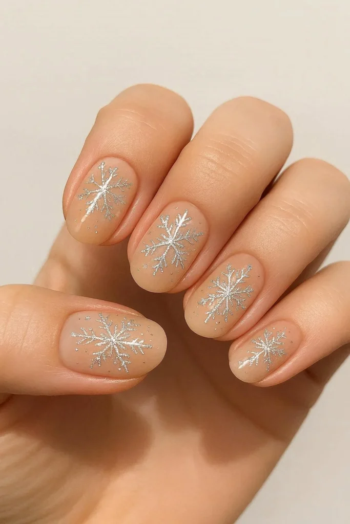 Nude and silver snowflake nails winter holiday manicure
