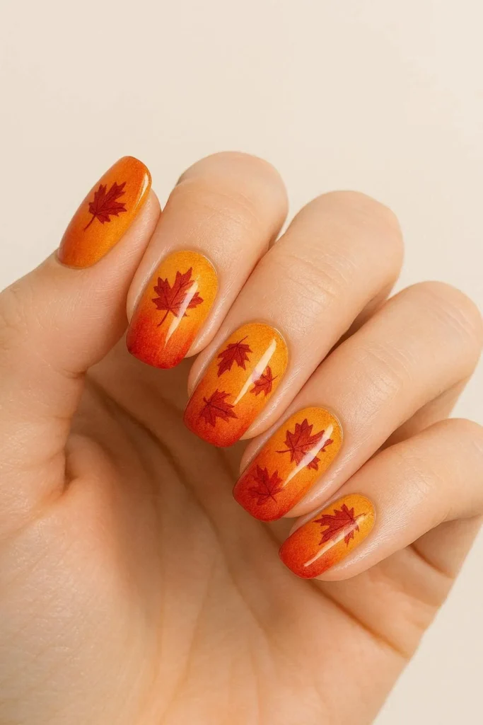 Ombre autumn nails orange red yellow with maple leaves