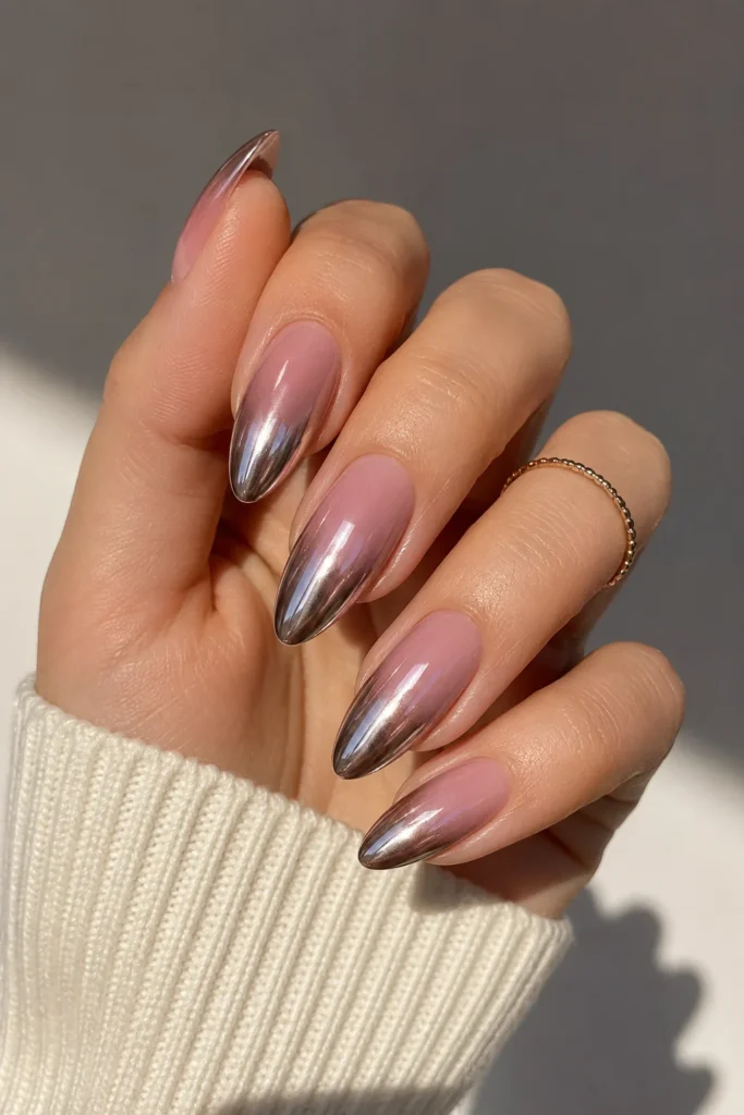 Ombre chrome almond nails gradient metallic glossy reflective finish