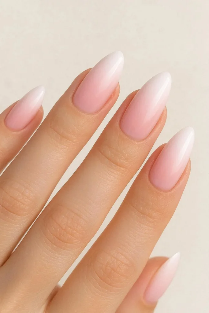 Ombre pink and white baby boomer gradient bridal nails