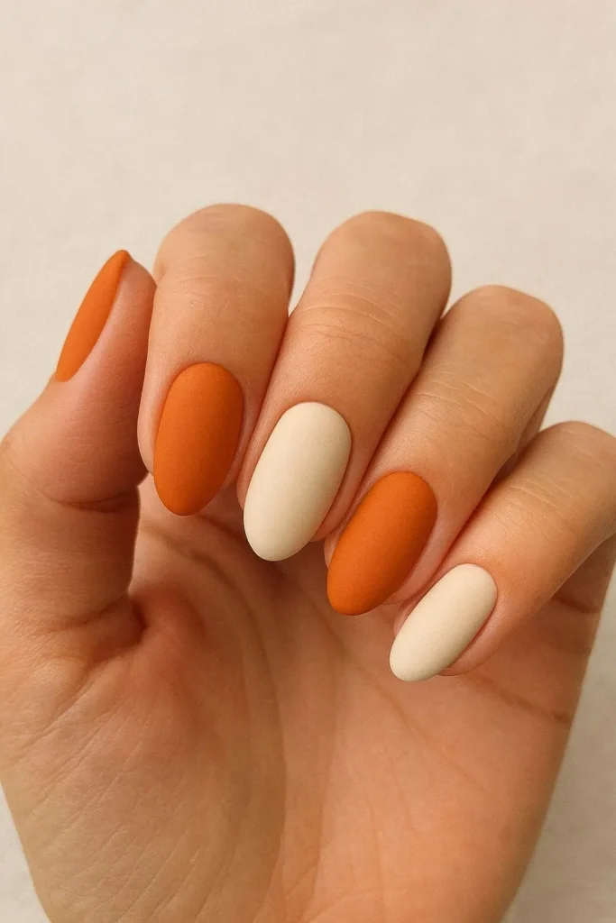 Matte orange and soft cream fall nails warm seasonal color combo 