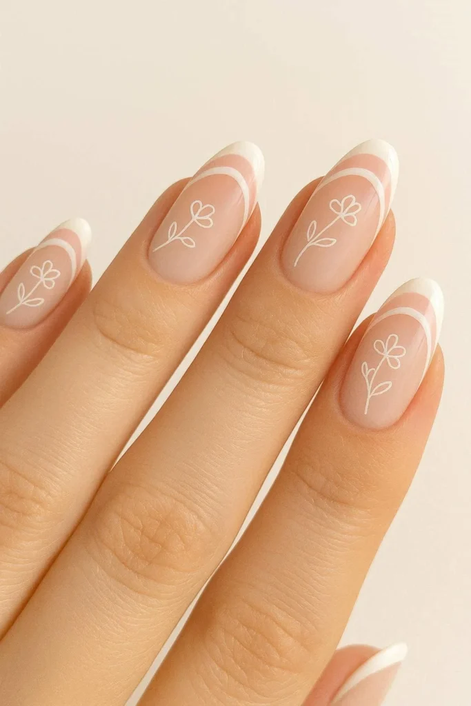 Double French tips with tiny floral line nail art details