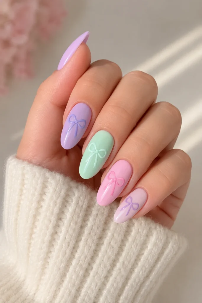 Pastel bow nail art in lavender mint and pink shades