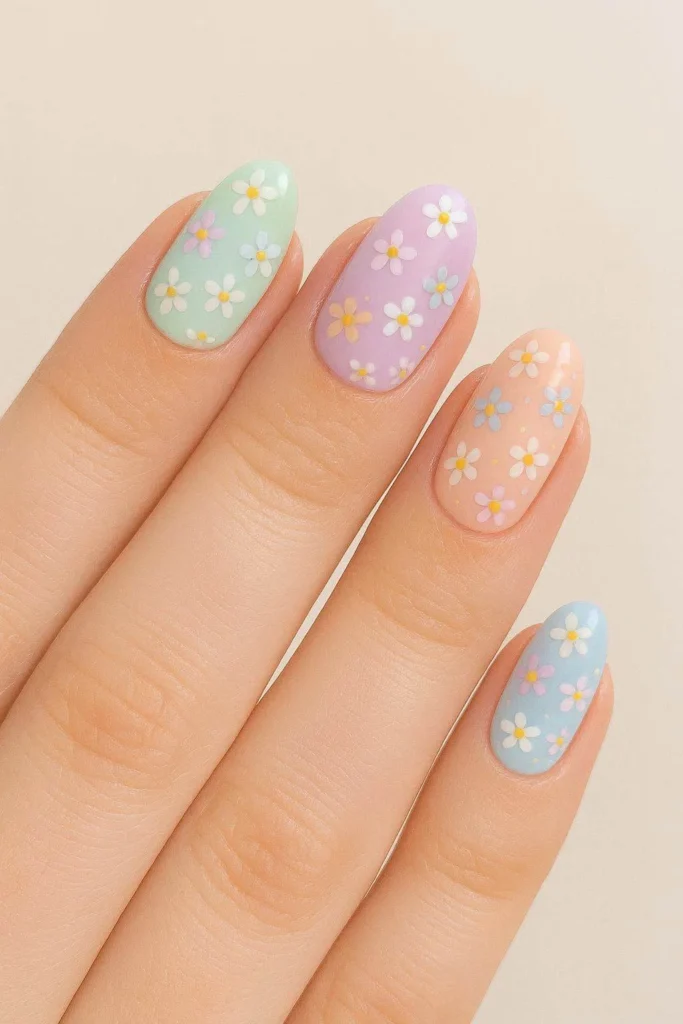 Pastel flower nails in mint lavender and peach with tiny florals 