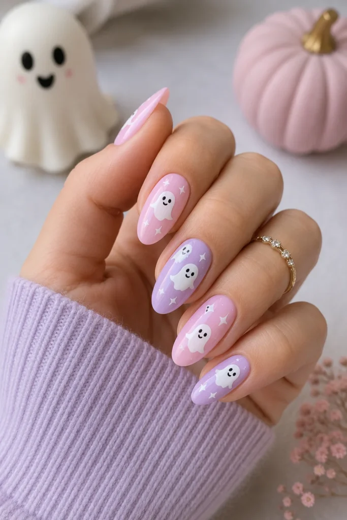 Pastel ghost nails with smiling faces on lavender background