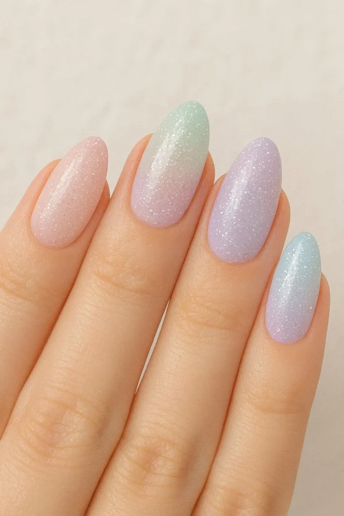 Pastel glitter ombre nails with soft shimmer gradient finish