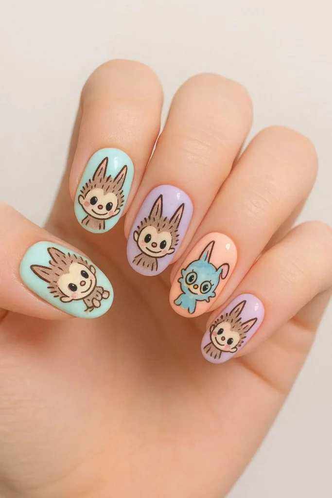 Pastel Labubu nails with dreamy multicolor kawaii artwork 