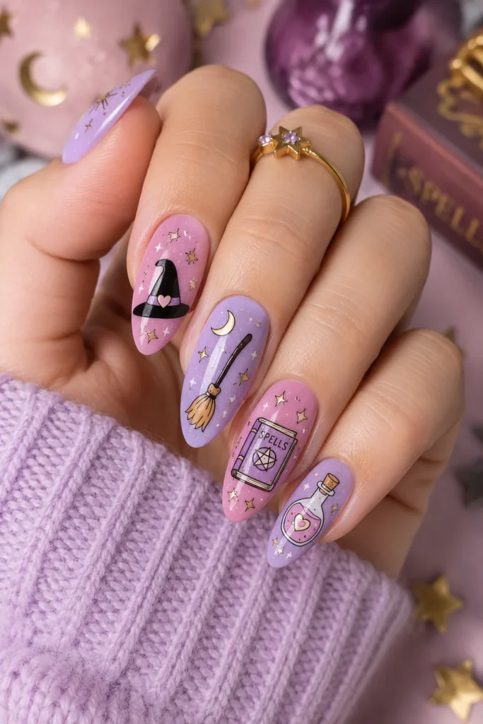 Pastel witch nails in purple and pink with hat and broomstick art