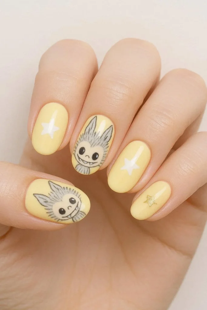 Pastel yellow Labubu nails with butter tone playful details