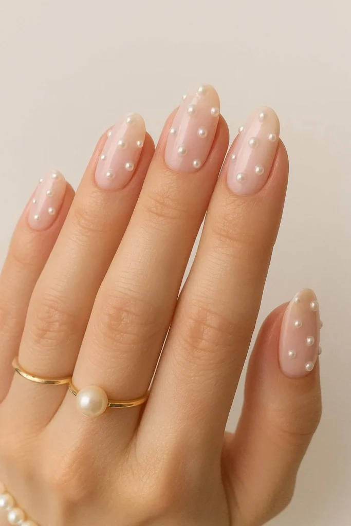 Pearl accent pink and white elegant wedding nails