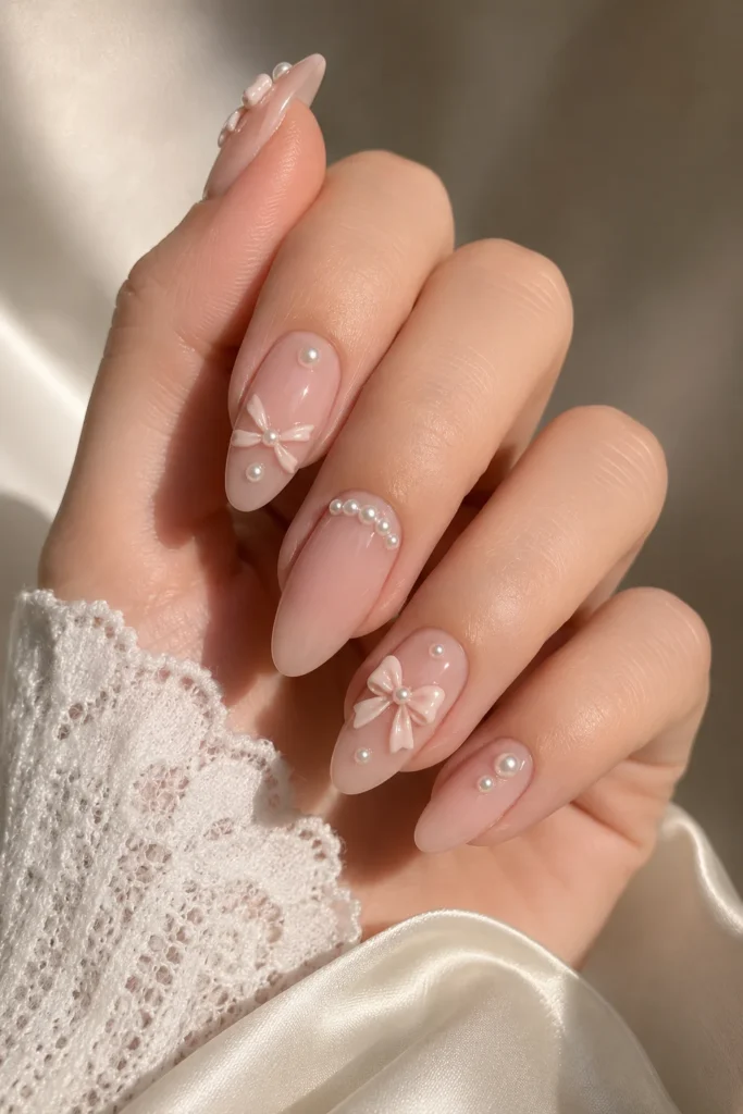 Elegant pearl and bow nail design feminine manicure