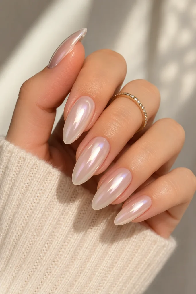 Pearl chrome almond nails soft luminous iridescent shimmer finish