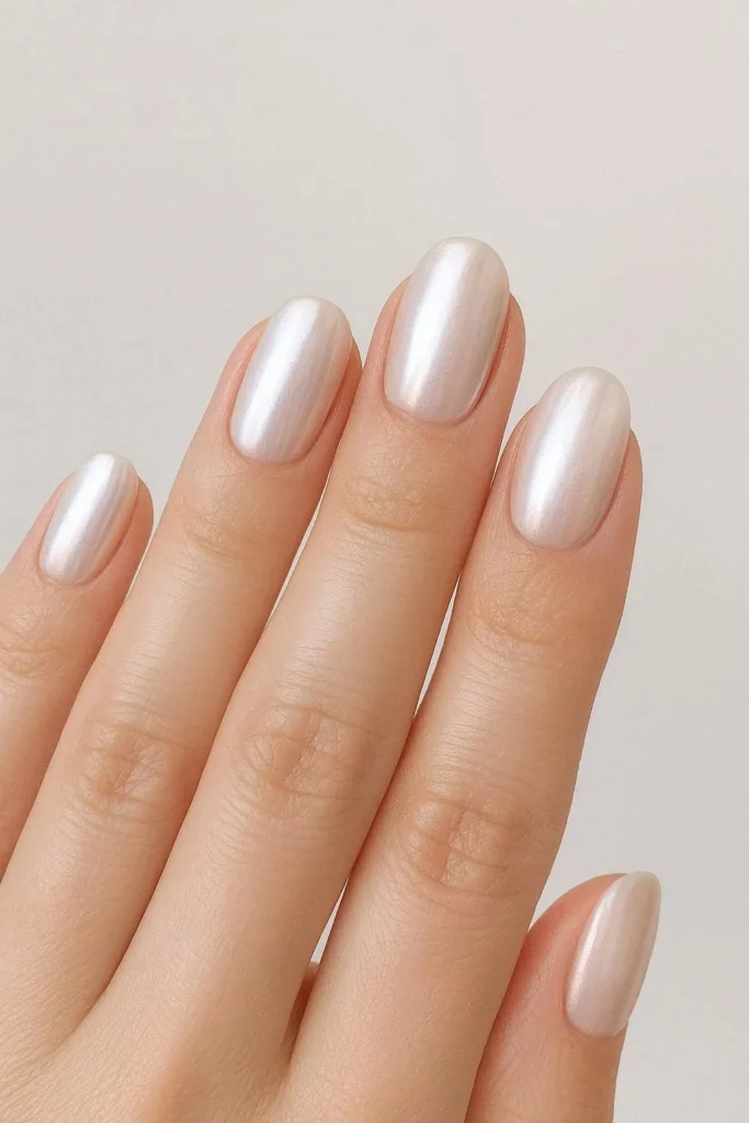 Pearl chrome nails pearlescent finish elegant bridal party nails