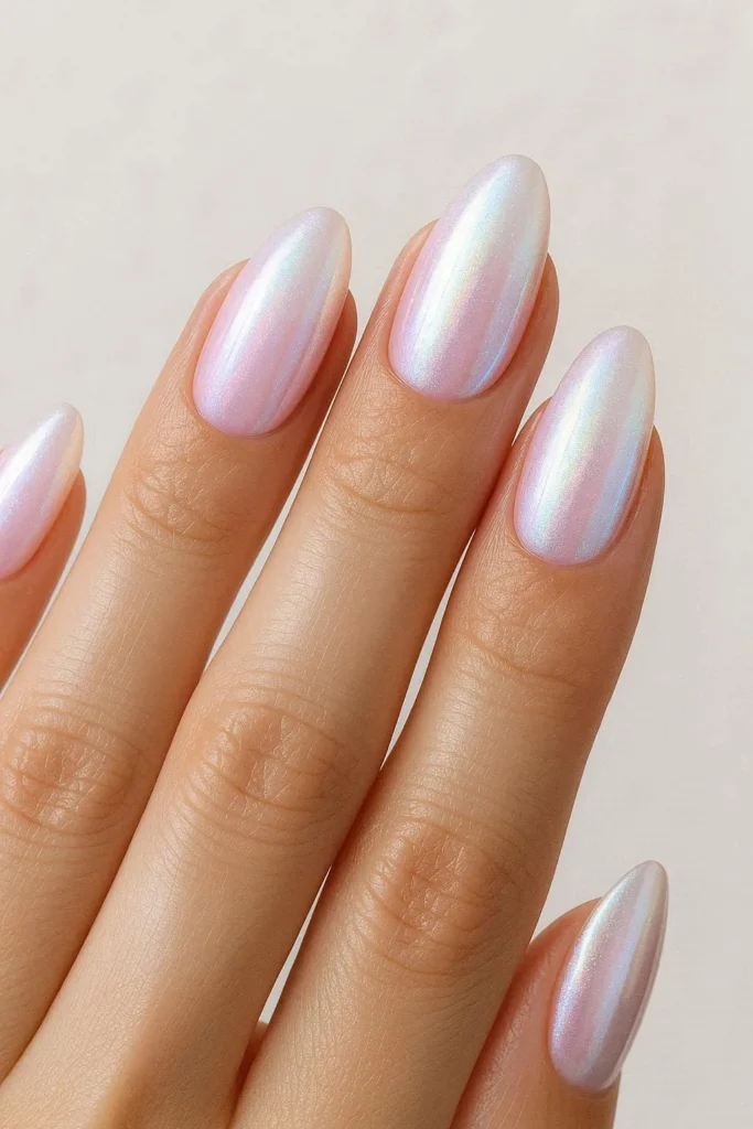 Pearl chrome ombre pink white shimmer bridal nails