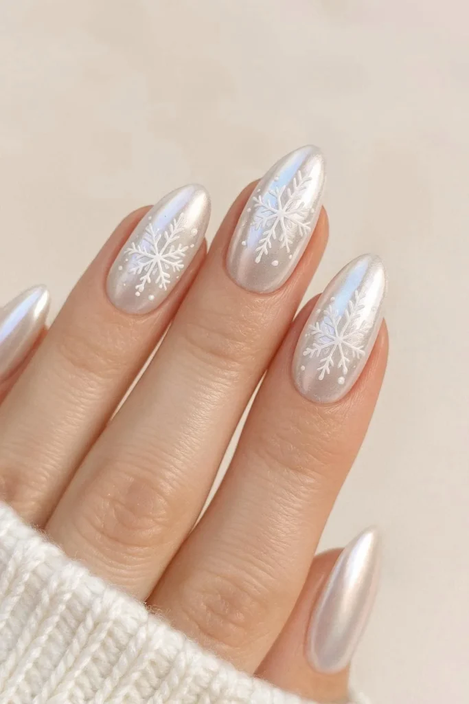Pearl chrome winter nails with snowflake nail art