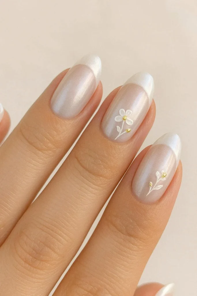 Pearl French nails with elegant flower accent details