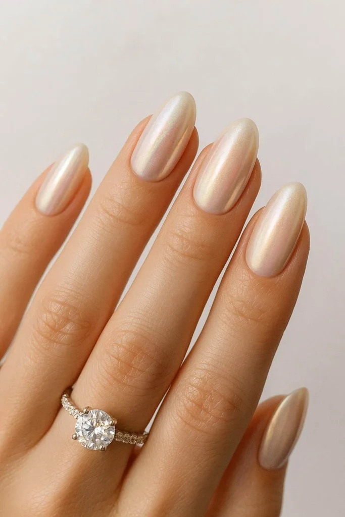Pearl glazed bridal nails luminous finish for wedding portraits