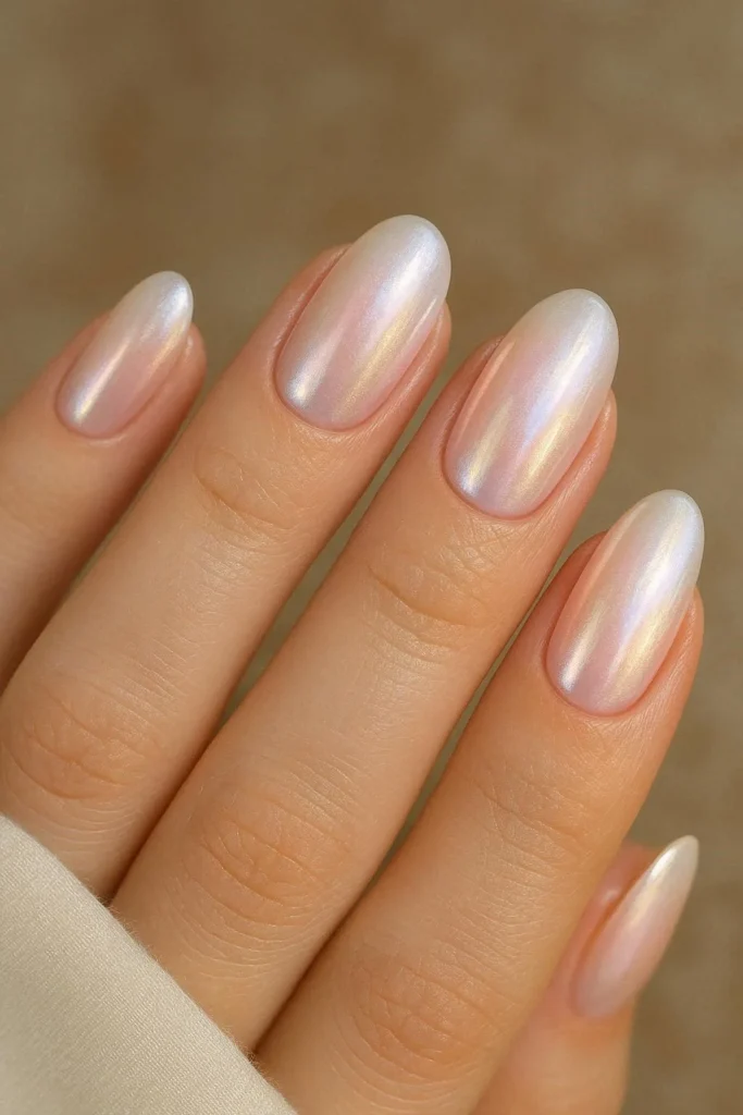 Pearl glazed pink acrylic nails with iridescent luminous shimmer