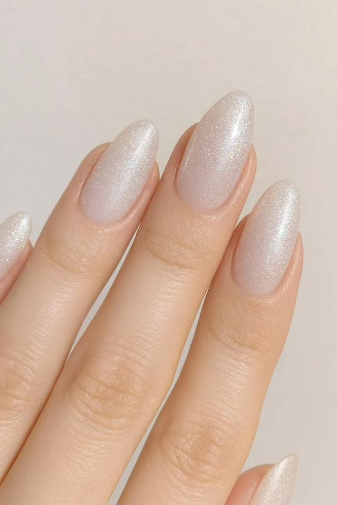 Pearl glitter ombre nails with iridescent shimmer luxe finish