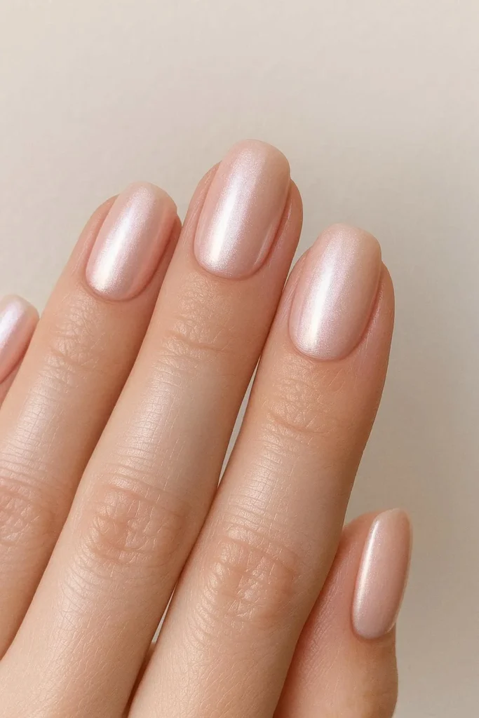 Pearl shimmer blush pink nails for a luxurious winter look