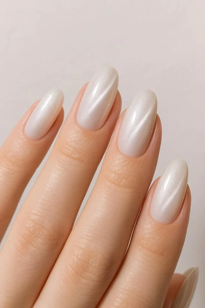 Pearl white cat eye nails with iridescent shimmer on oval shape