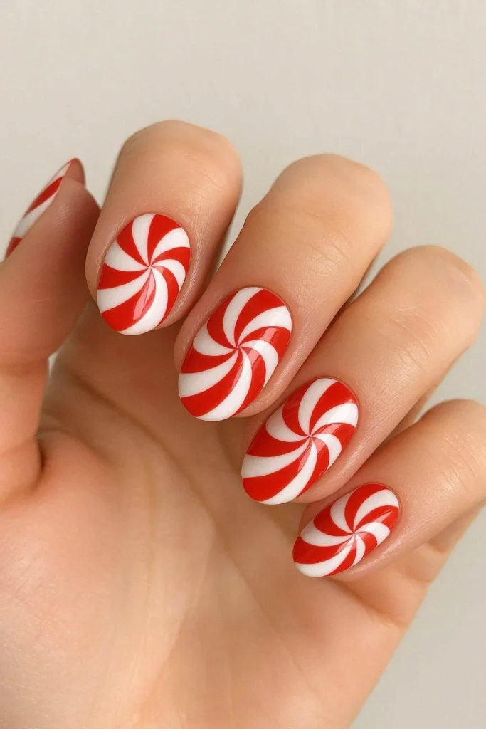 Circular peppermint swirl nail art in red and white
