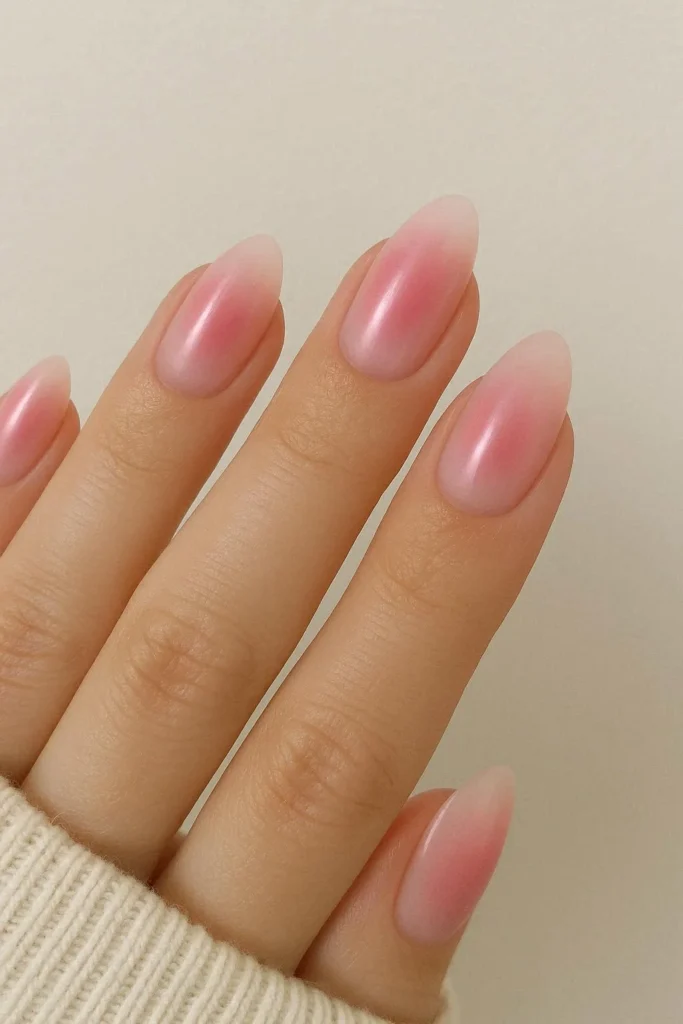 Soft airbrushed pink aura nails for a dreamy winter look