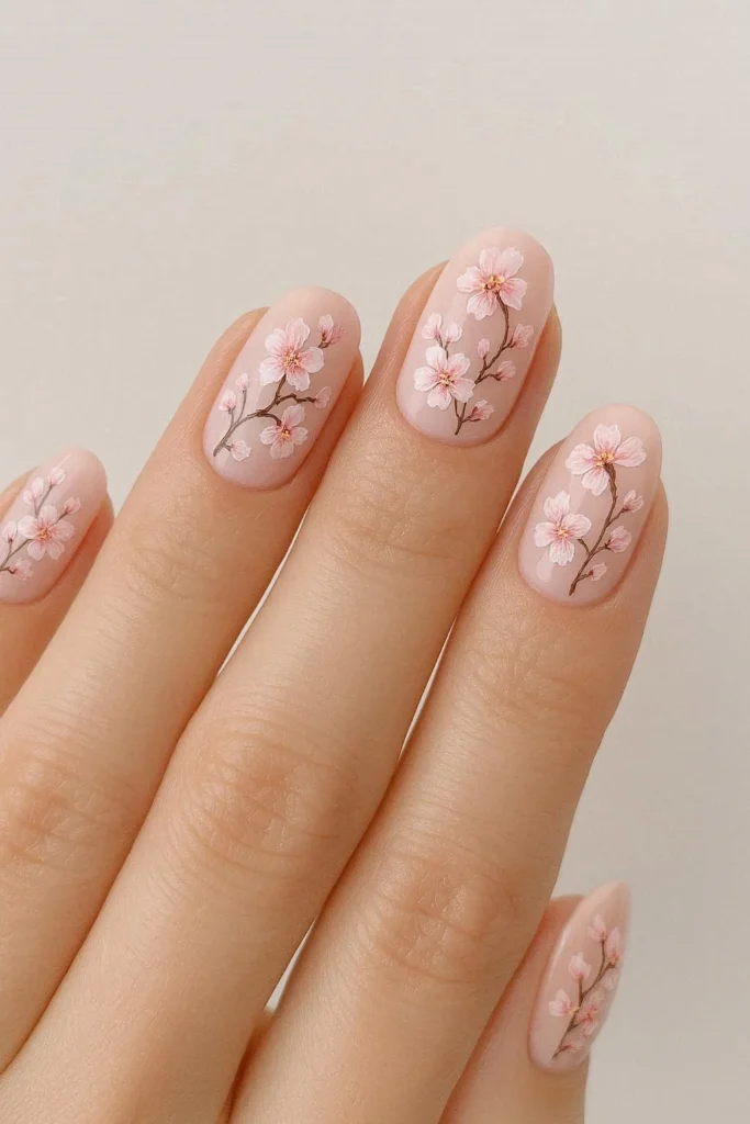 Pink blossom floral detail spring wedding bridal nails