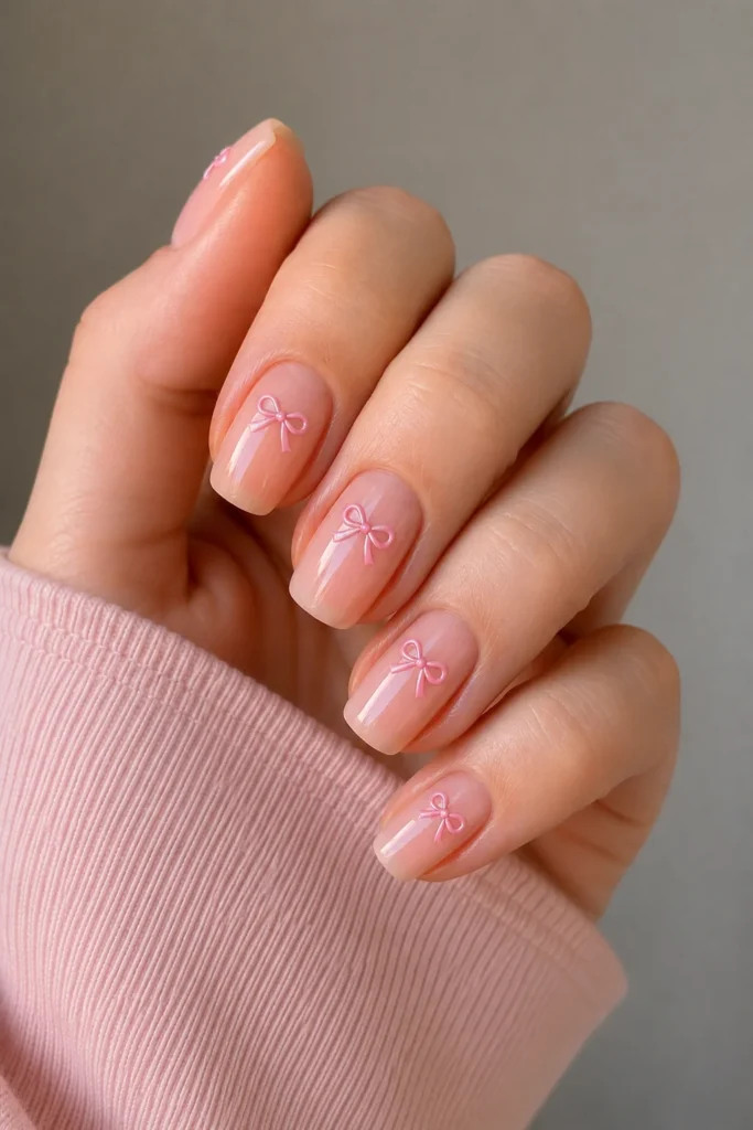 Cute pink bow accent nails on glossy nude base 
