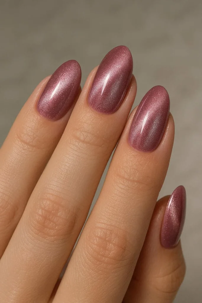 Pink cat eye acrylic nails with magnetic shifting shimmer finish 